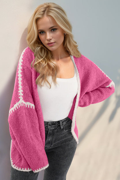 Double Take Contrast Open Front Dropped Shoulder Cardigan