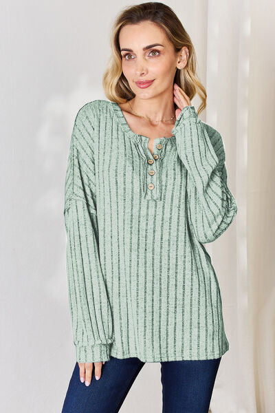 Basic Bae Full Size Ribbed Half Button Long Sleeve Shirt