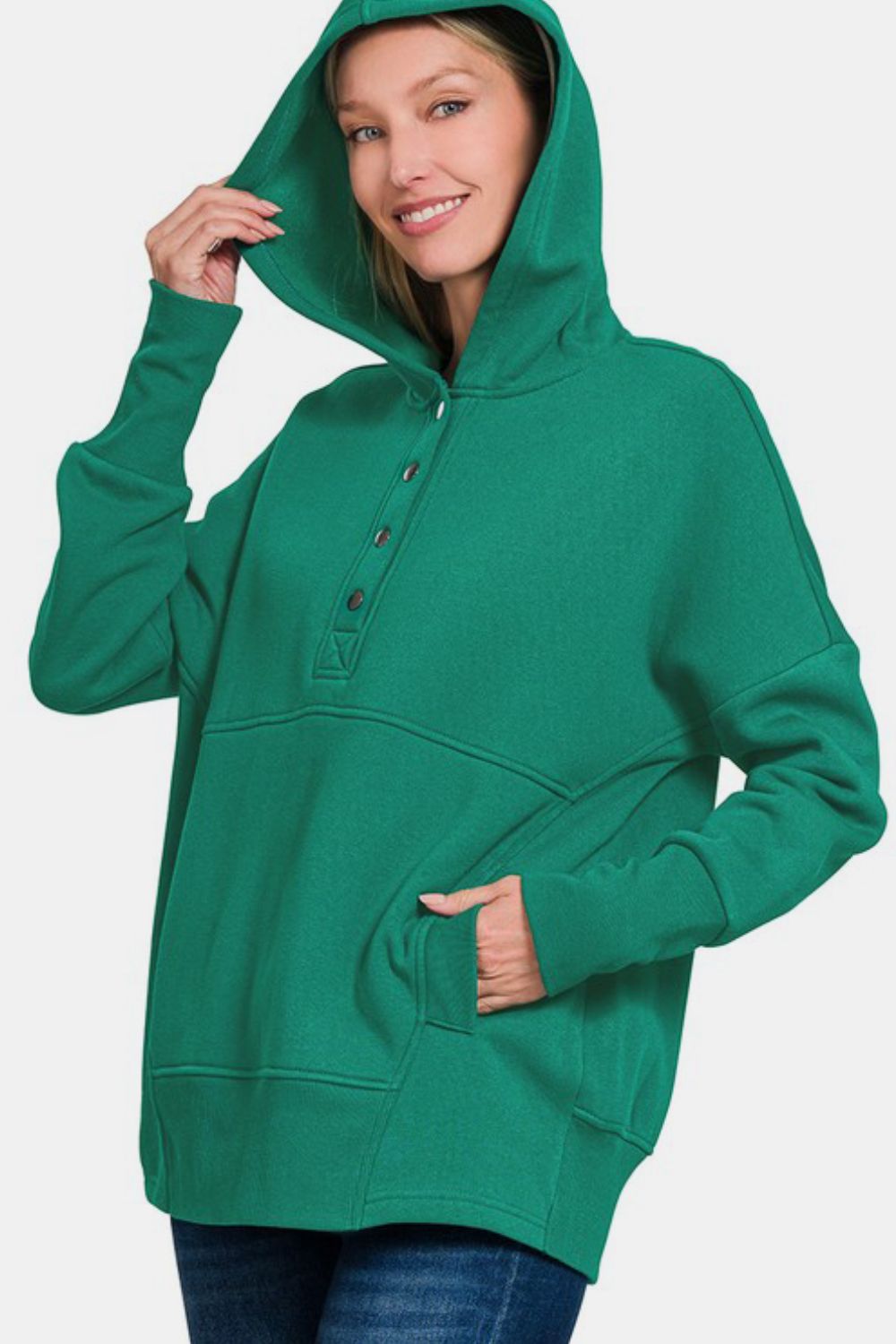 Zenana Half Snap Long Sleeve Hoodie with Kangaroo Pocket