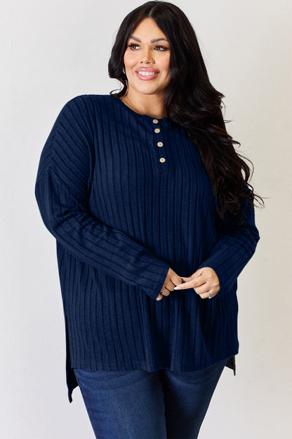 Basic Bae Full Size Ribbed Half Button Long Sleeve High-Low Shirt