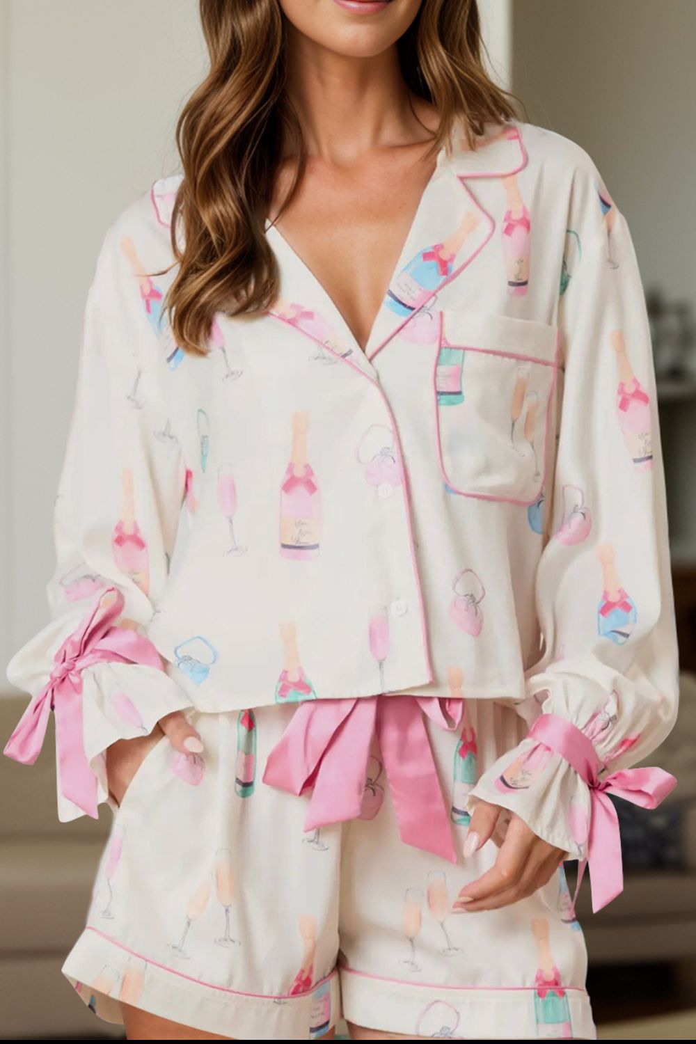 Bow Printed Collared Neck Top and Drawstring Pajama Shorts Set