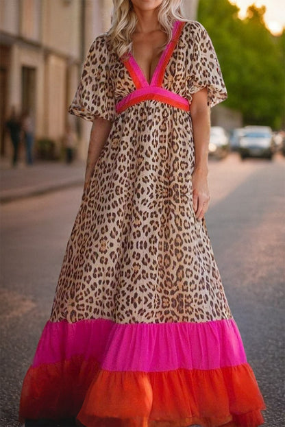 Chasity Full Size Leopard V-Neck Half Sleeve Maxi Dress