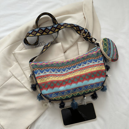 Printed Tassel Detail Crossbody Bag with Small Purse