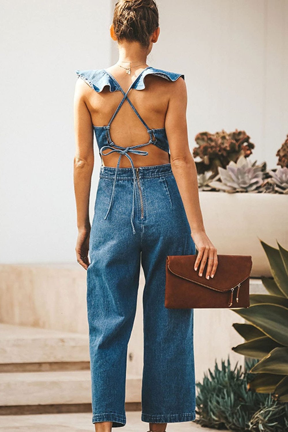 Ruffled Backless Sleeveless Denim Jumpsuit