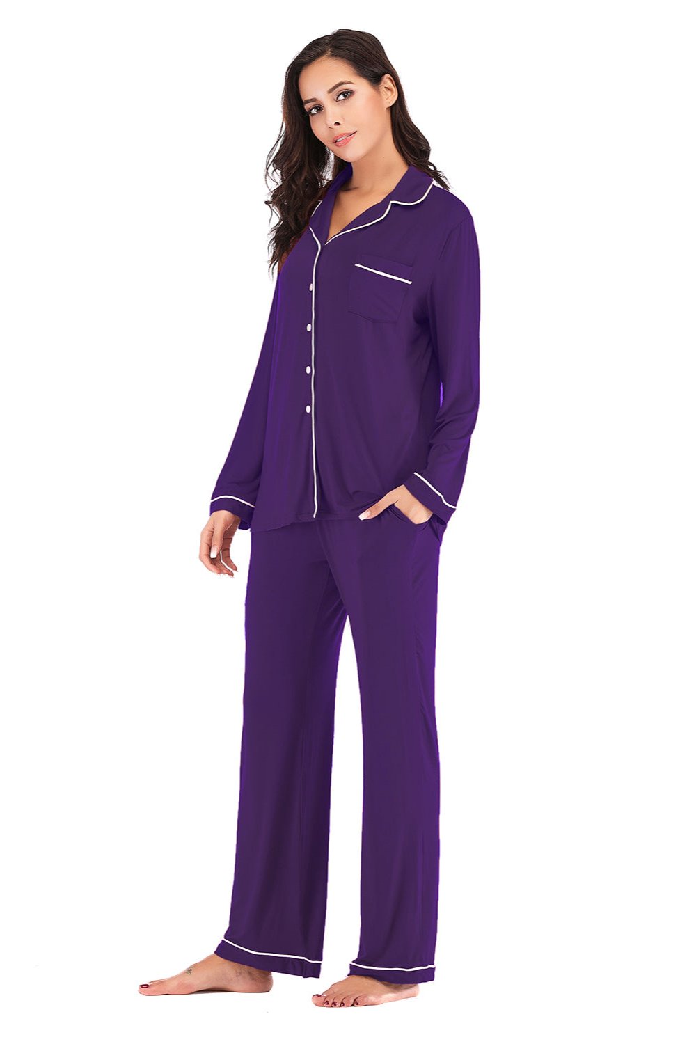 Collared Neck Long Sleeve Pajama Set with Pockets