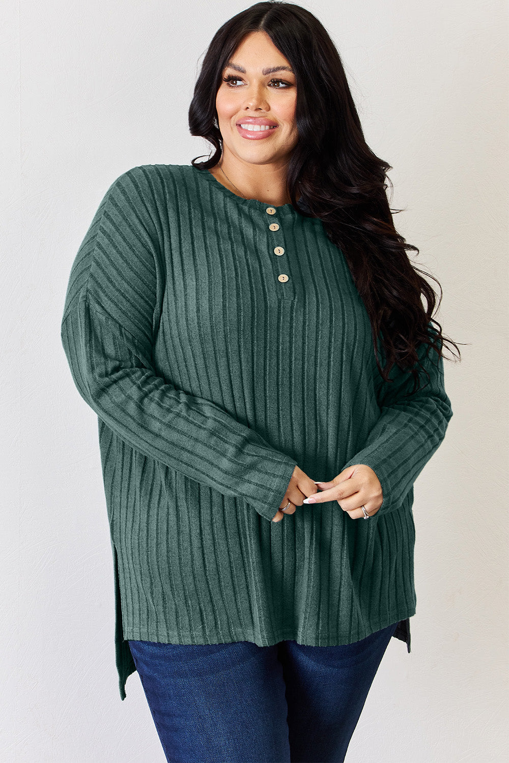 Basic Bae Full Size Ribbed Half Button Long Sleeve High-Low Shirt