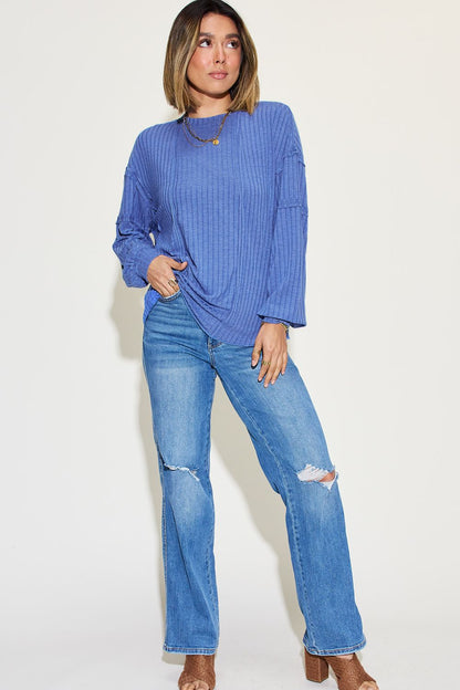 Basic Bae Full Size Ribbed Round Neck Long Sleeve Shirt