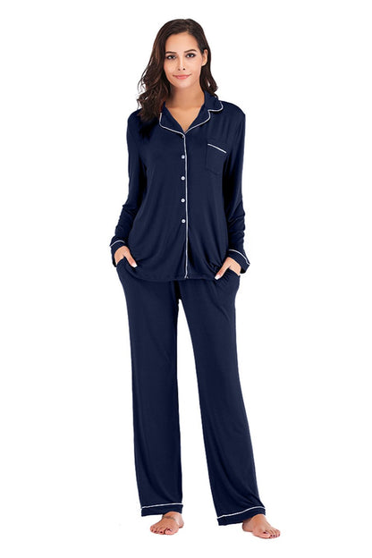 Collared Neck Long Sleeve Pajama Set with Pockets