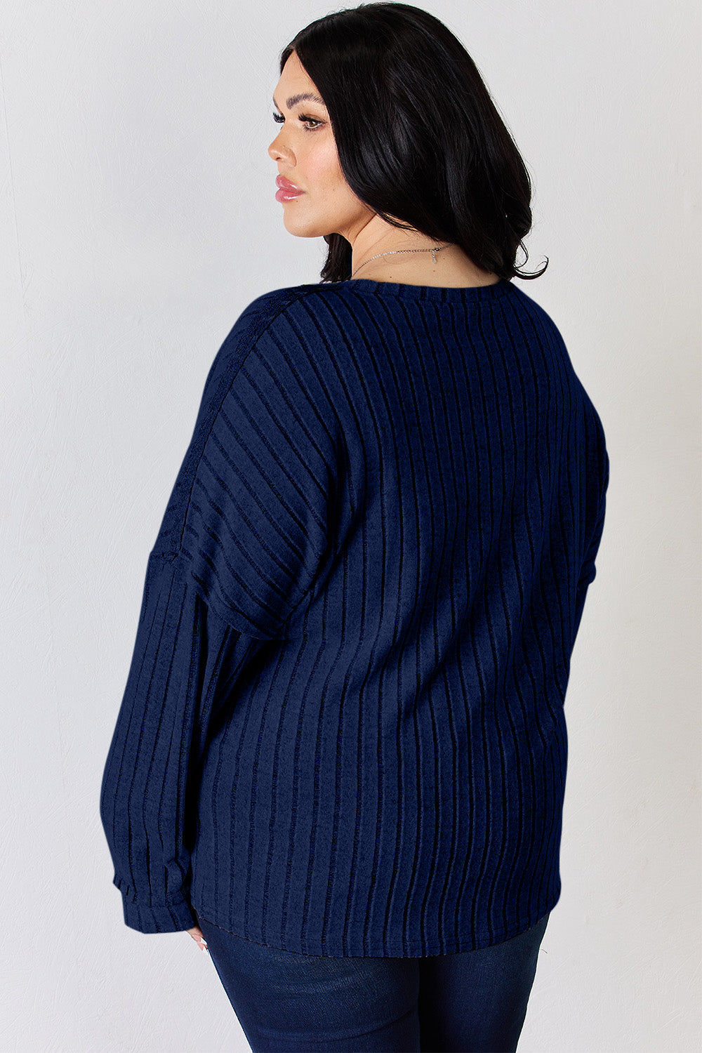 Basic Bae Full Size Ribbed Half Button Long Sleeve Shirt