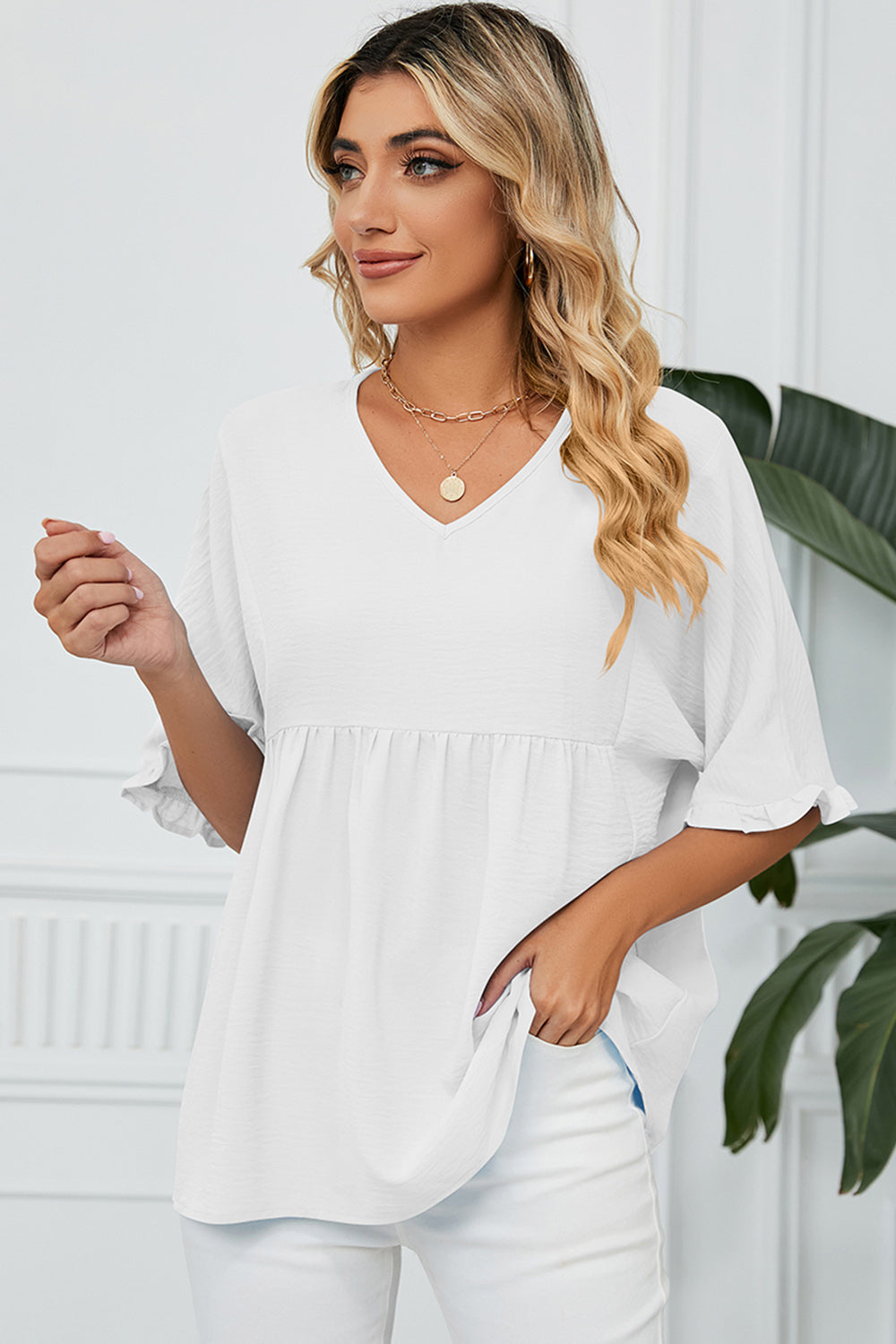 Peplum V-Neck Half Sleeve Shirt