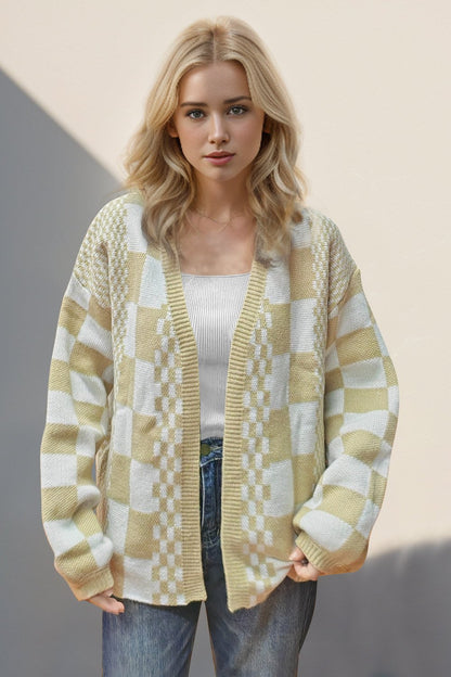 Double Take Checkered Open Front Dropped Shoulder Cardigan