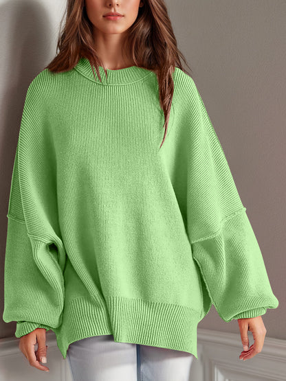 Side Slit Round Neck Long Sleeve Sweater