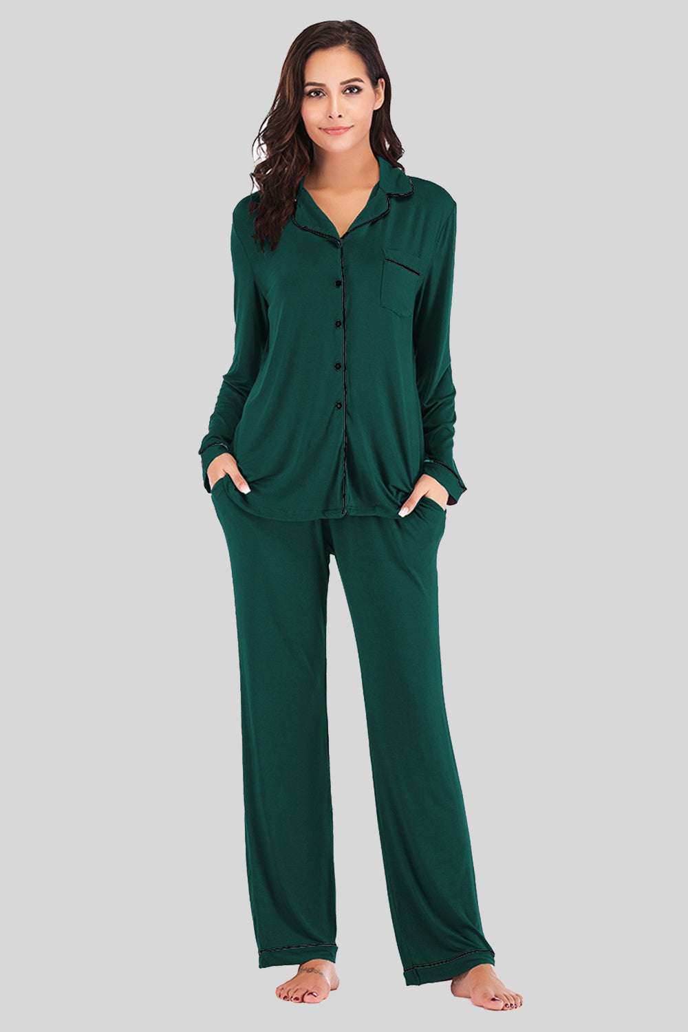 Collared Neck Long Sleeve Pajama Set with Pockets