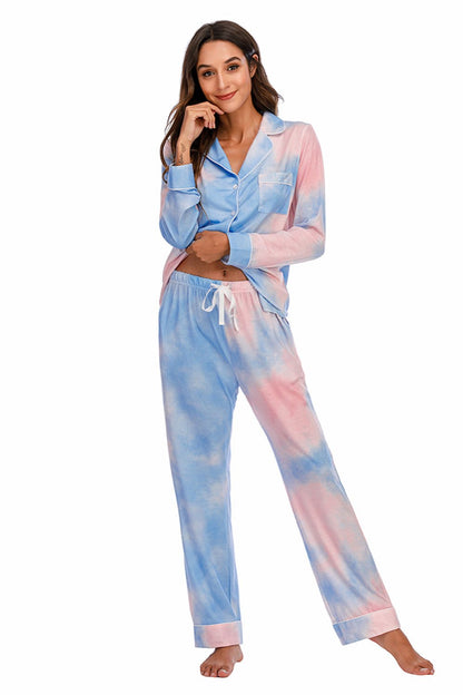 Collared Neck Long Sleeve Pajama Set with Pockets