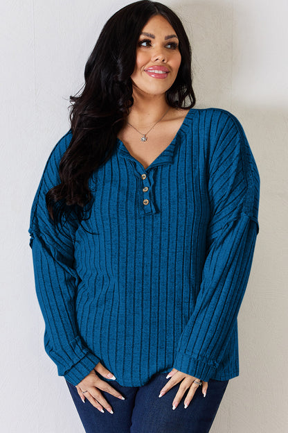 Basic Bae Full Size Ribbed Half Button Long Sleeve Shirt