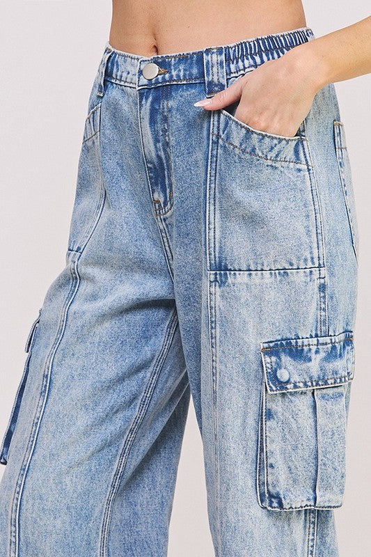 HIGH WAIST BAGGY DENIM CARGO ANKLE LENGTH TROUSERS