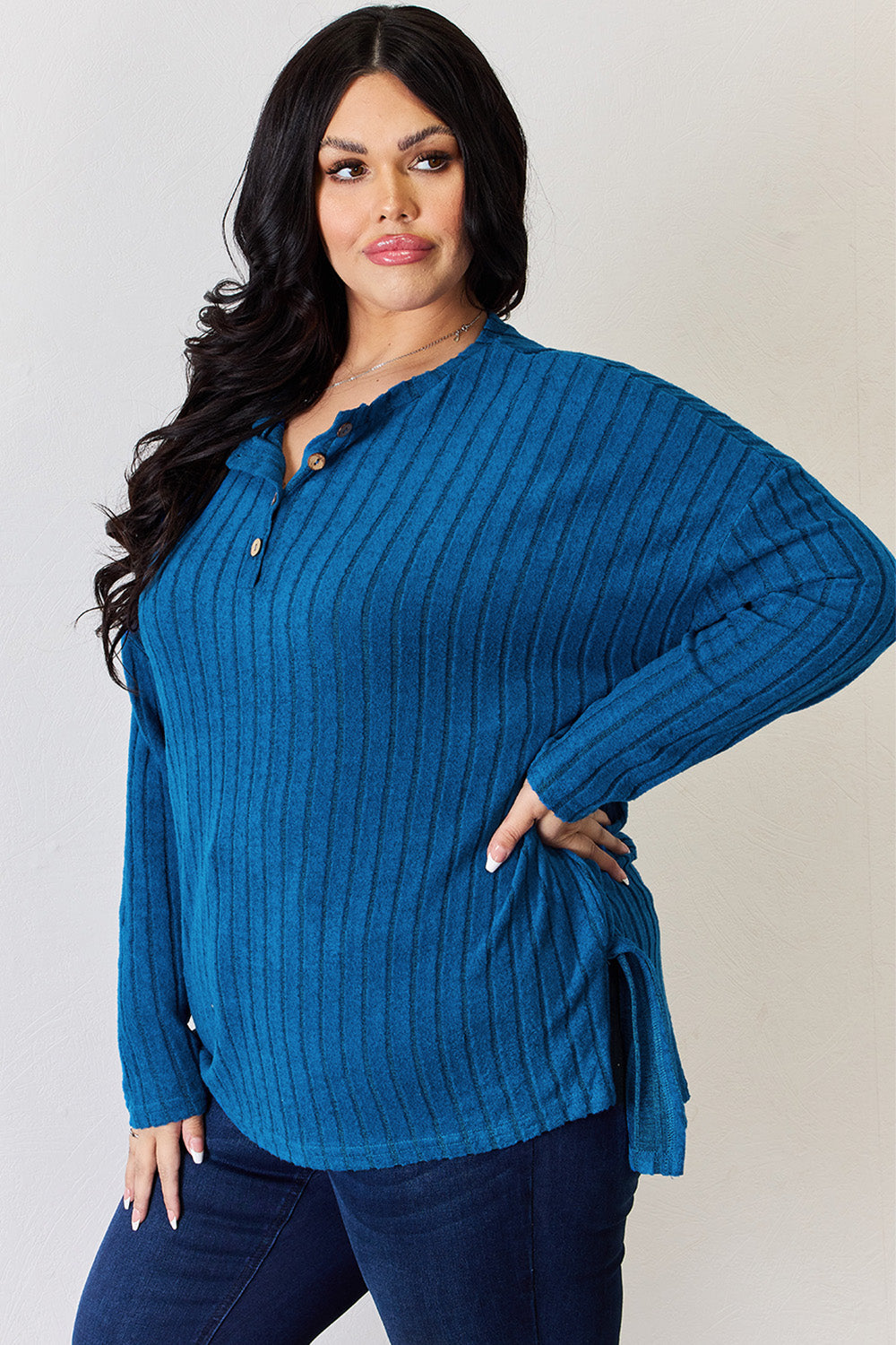 Basic Bae Full Size Ribbed Half Button Long Sleeve High-Low Shirt