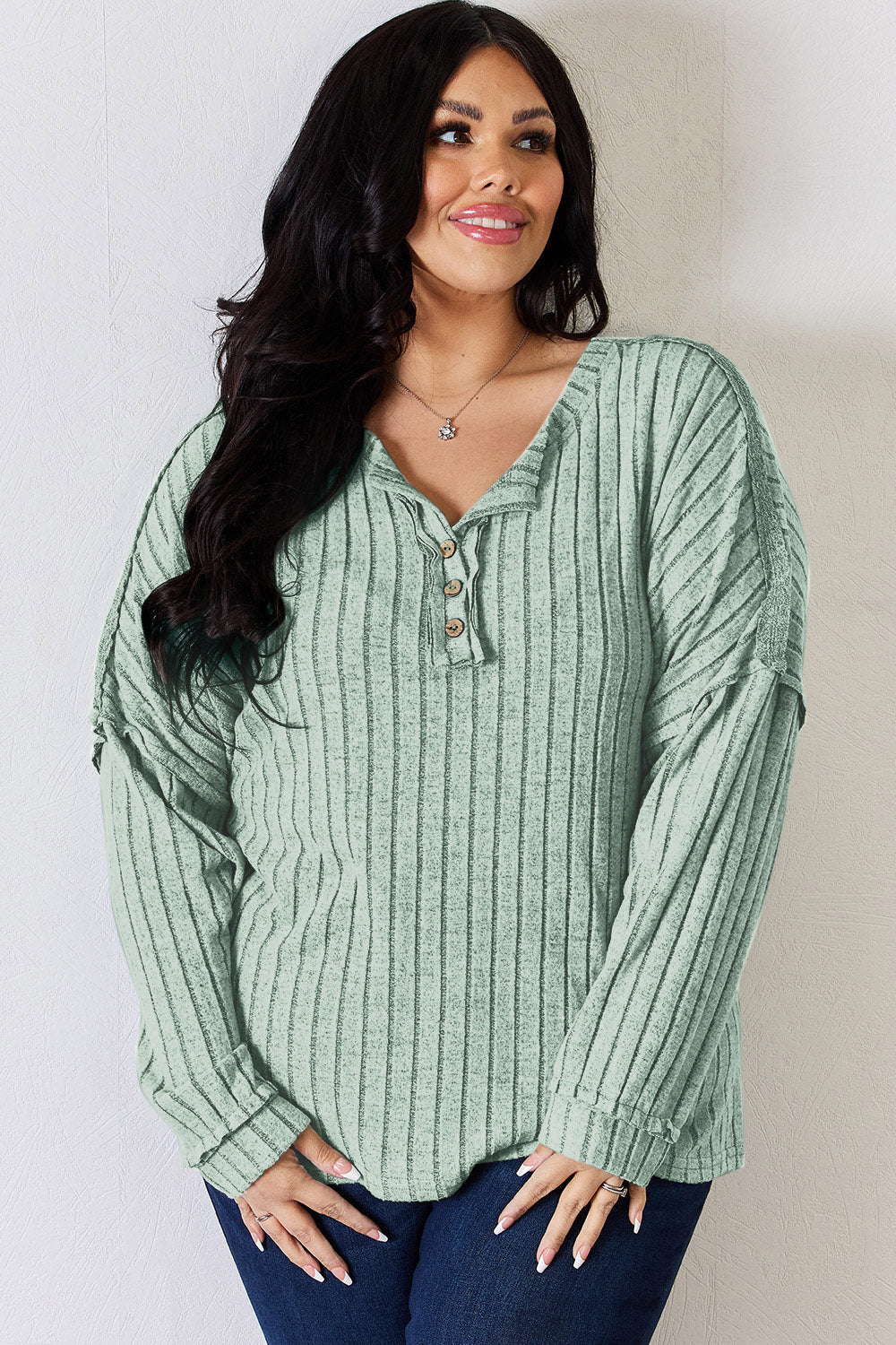 Basic Bae Full Size Ribbed Half Button Long Sleeve Shirt