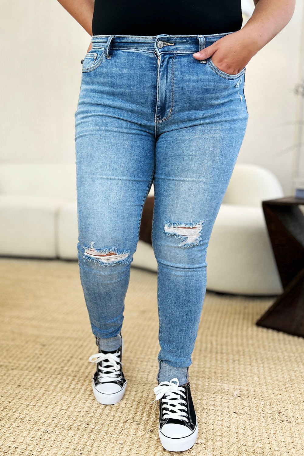 Judy Blue Full Size Mid Rise Destroy & Cuff Skinny Jeans