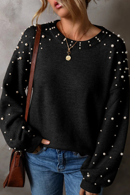 Pearl Detail Round Neck Long Sleeve Sweater