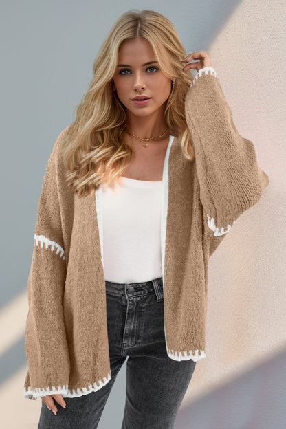 Double Take Contrast Open Front Dropped Shoulder Cardigan