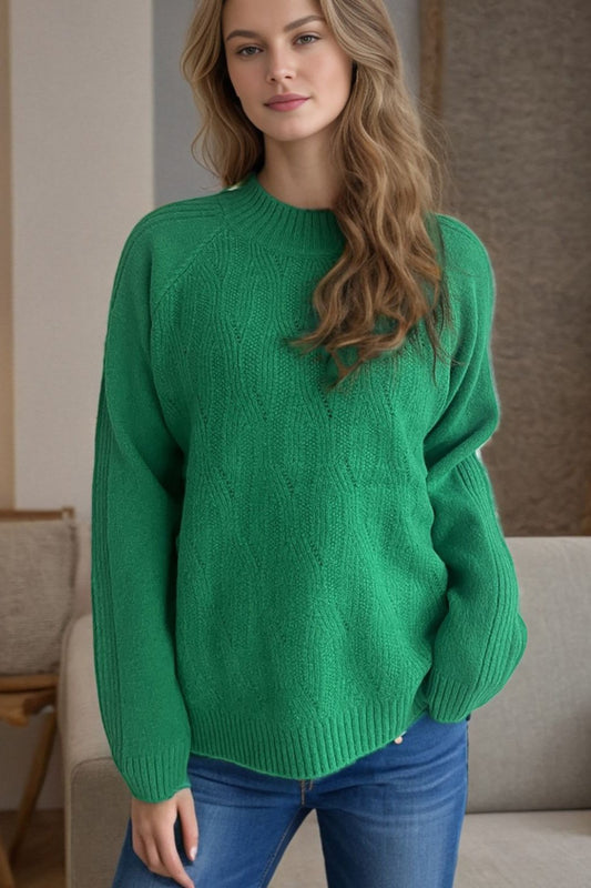 Mock Neck Wavy Stitch Long Sleeve Sweater