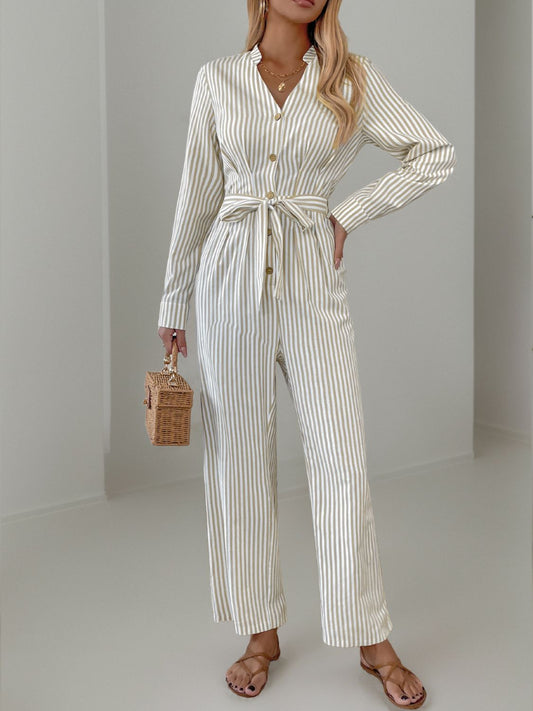 Striped Notched Long Sleeve Tie Waist Jumpsuit