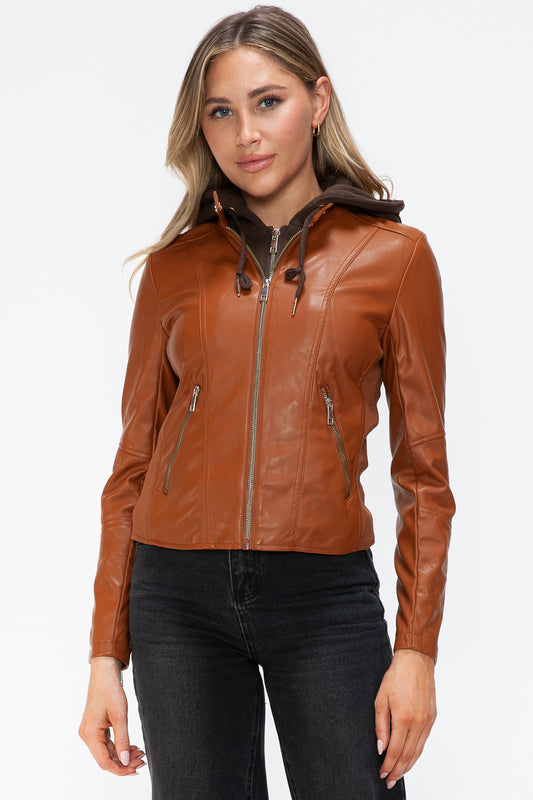 Snobbish Faux Leather Zip Up Drawstring Hooded Jacket