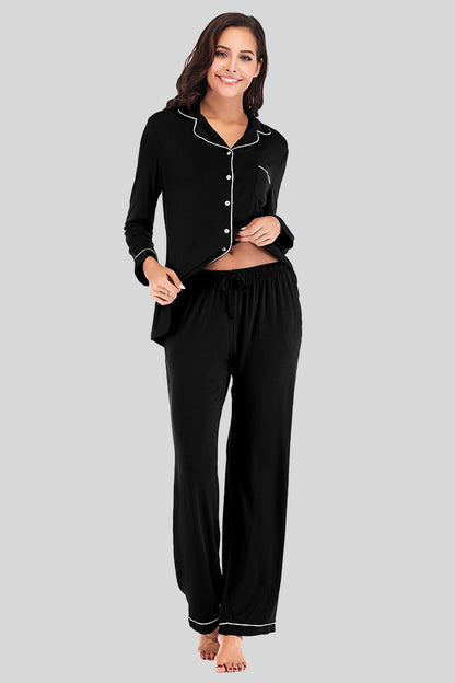 Collared Neck Long Sleeve Pajama Set with Pockets