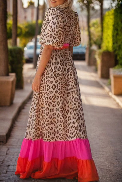 Chasity Full Size Leopard V-Neck Half Sleeve Maxi Dress