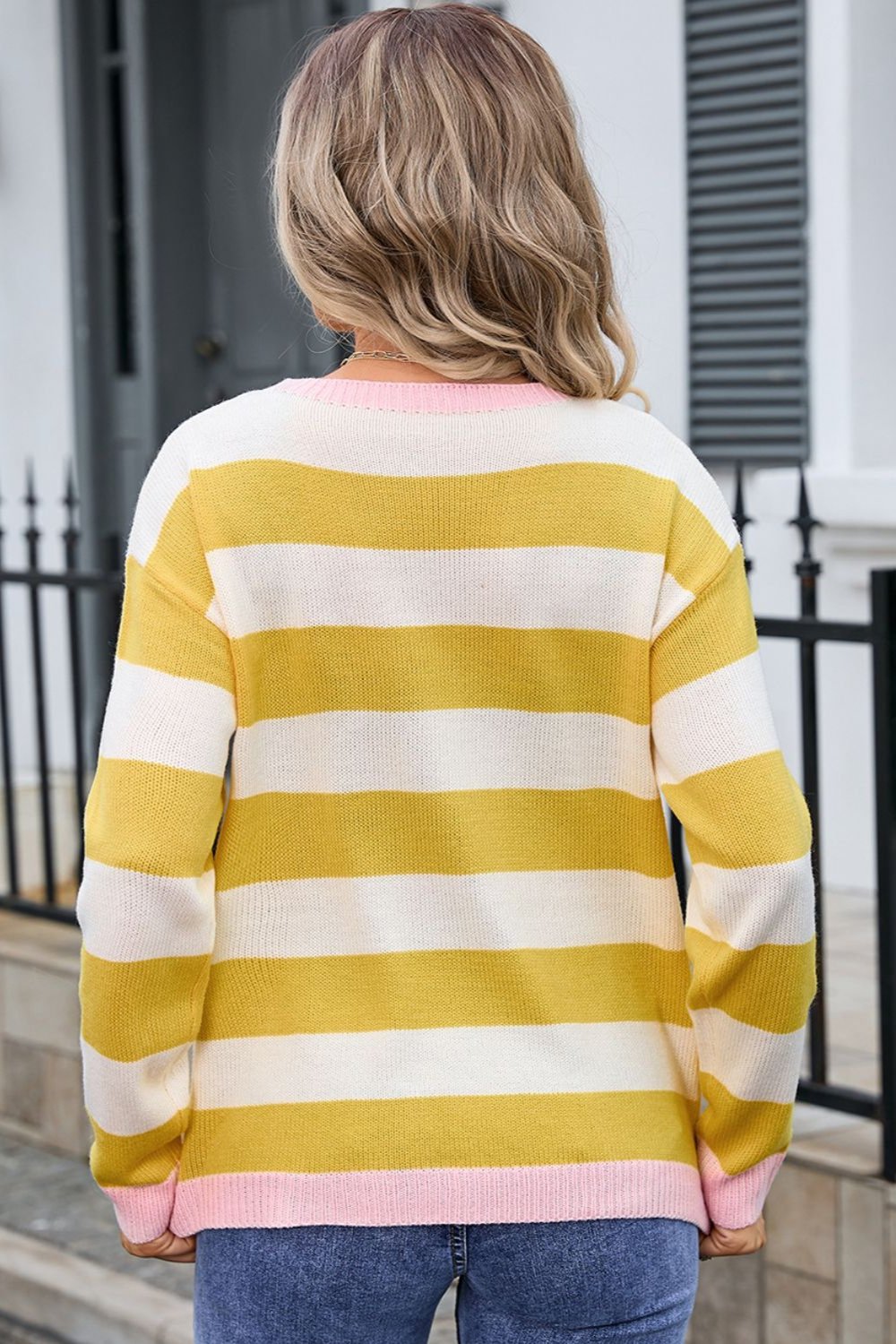 Angel Wings Striped Round Neck Dropped Shoulder Sweater