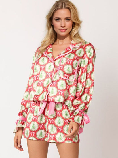 Tied Printed Collared Neck Long Sleeve Top and Pajama Shorts Set