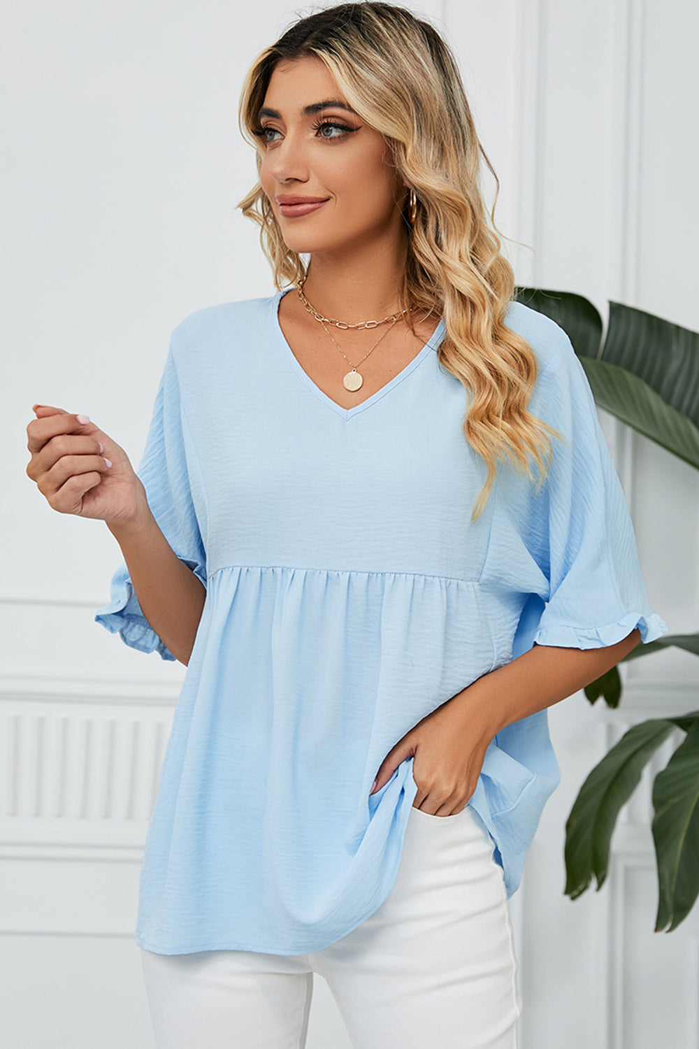 Peplum V-Neck Half Sleeve Shirt