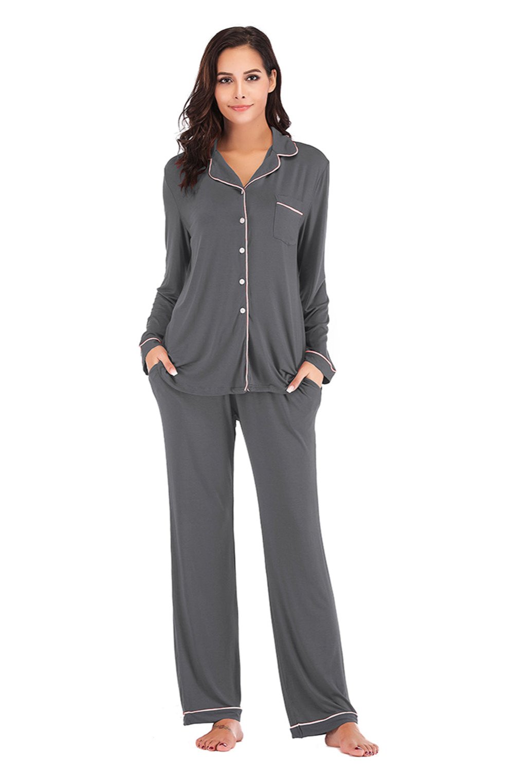 Collared Neck Long Sleeve Pajama Set with Pockets