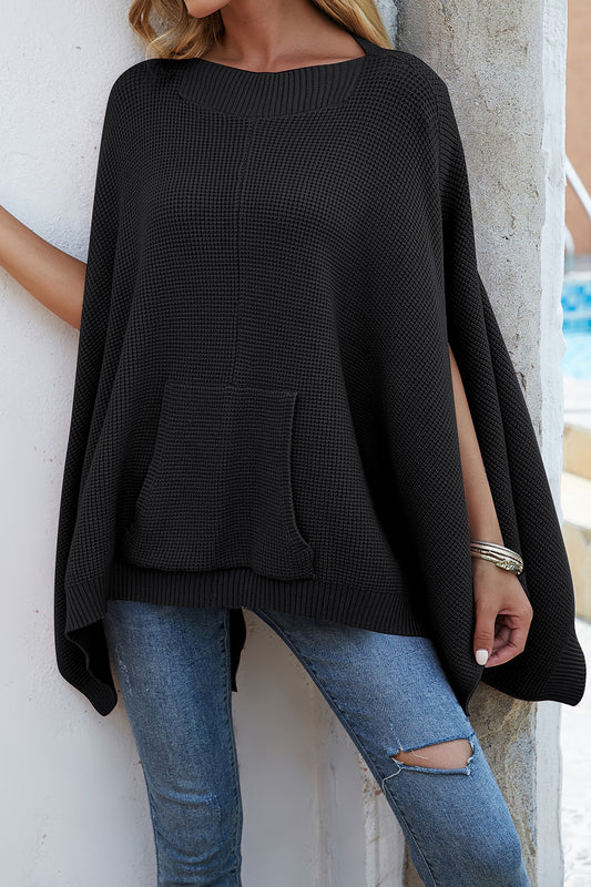 Waffle-Knit Pocketed Cape Sleeve Sweater