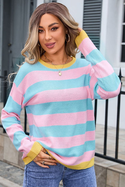 Angel Wings Striped Round Neck Dropped Shoulder Sweater