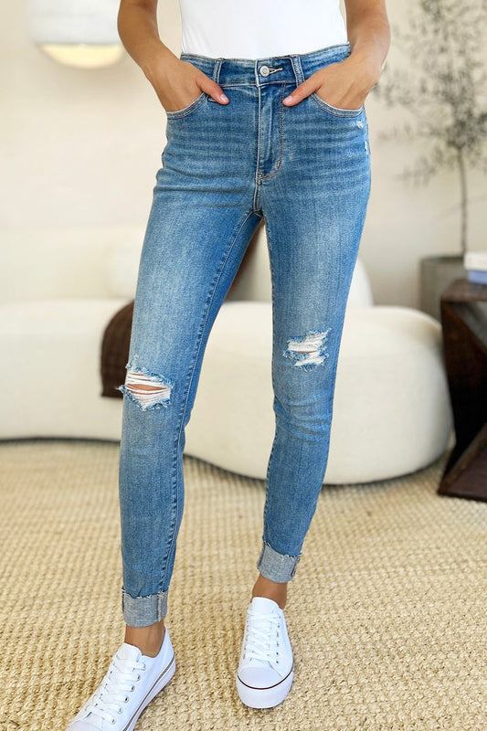 Judy Blue Full Size Mid Rise Destroy & Cuff Skinny Jeans