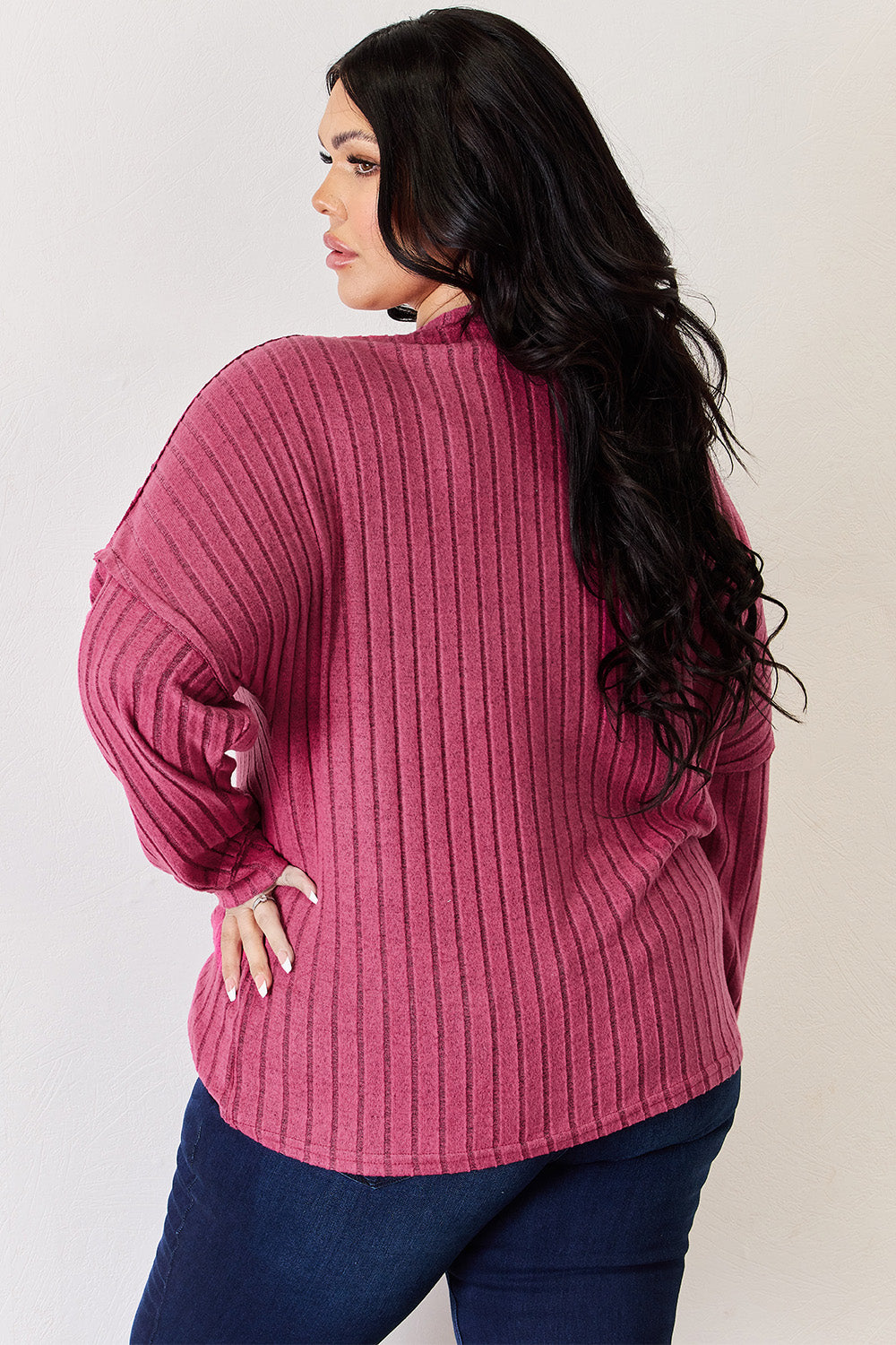 Basic Bae Full Size Ribbed Half Button Long Sleeve High-Low Shirt