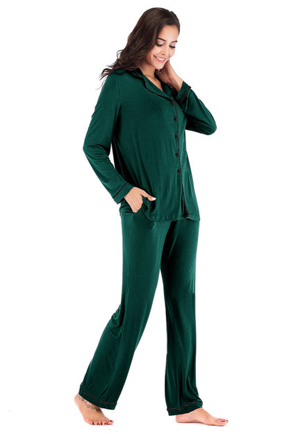 Collared Neck Long Sleeve Pajama Set with Pockets