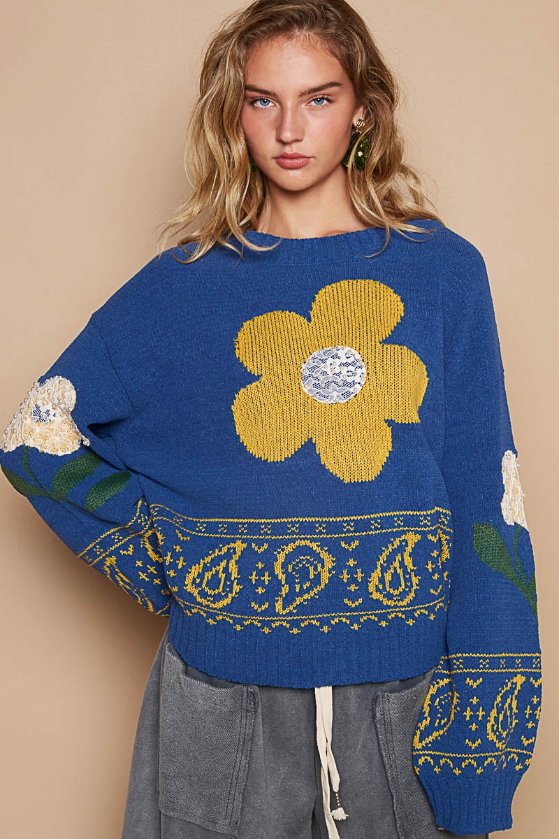 POL Flower Lace Patch Long Sleeve Sweater