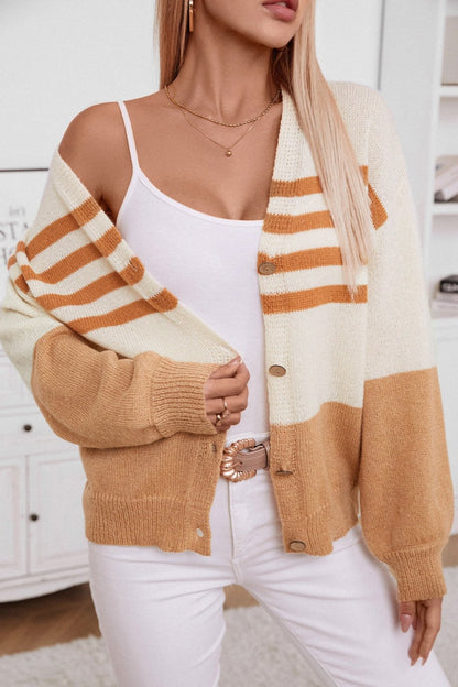 Color Block V-Neck Button Down Long Sleeve Cardigan