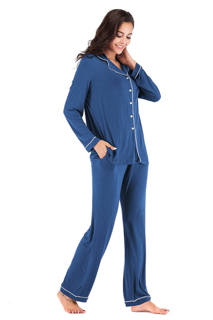 Collared Neck Long Sleeve Pajama Set with Pockets