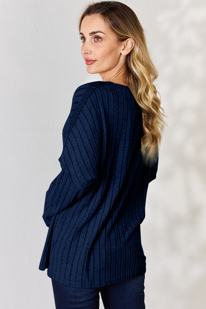 Basic Bae Full Size Ribbed Half Button Long Sleeve Shirt