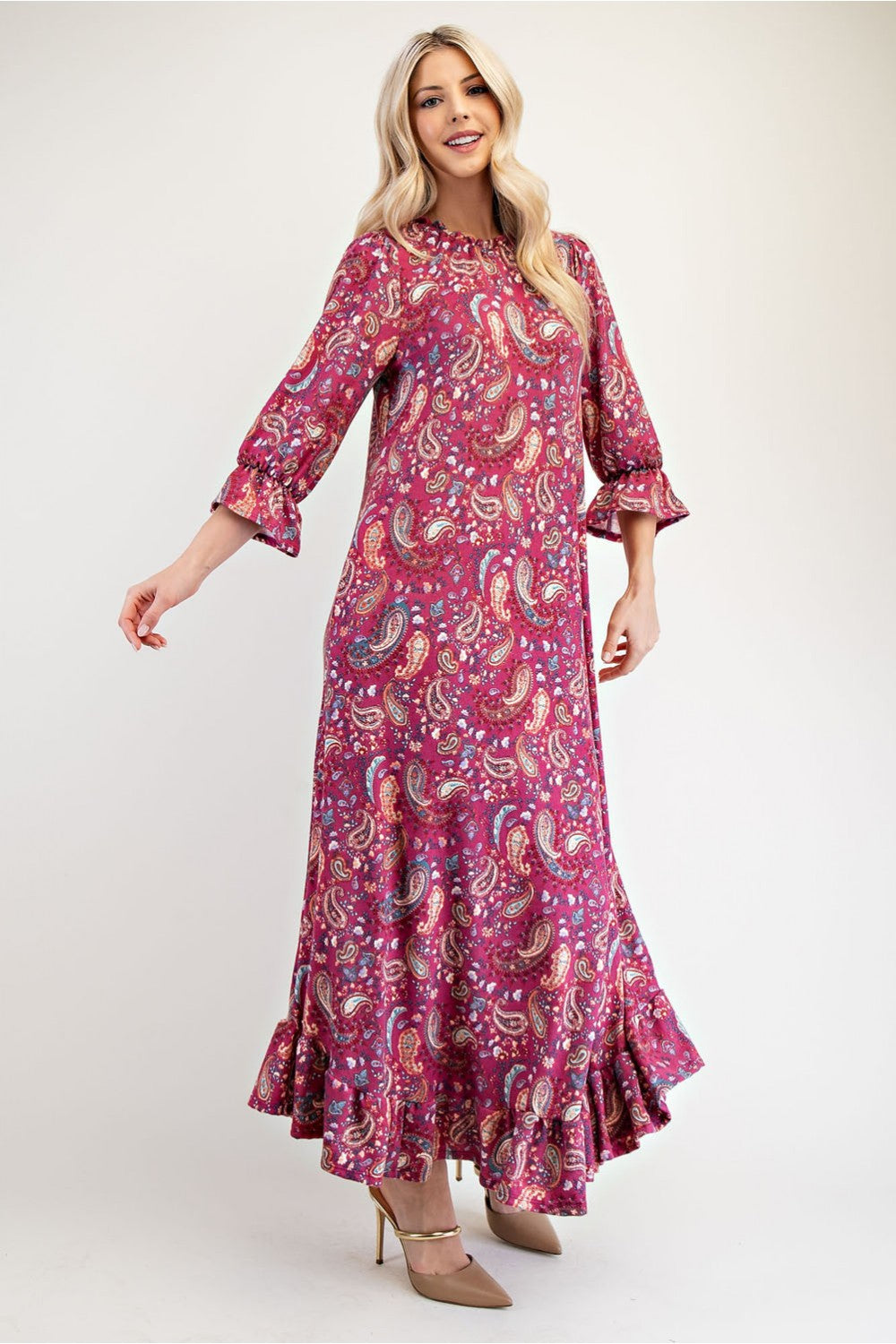 Celeste Full Size Ruffle Hem Paisley Round Neck Dress