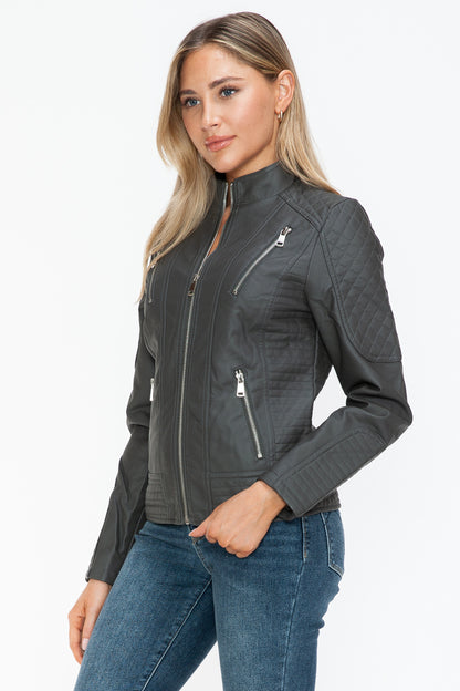 Snobbish Faux Leather Zip Up Mock Neck Jacket