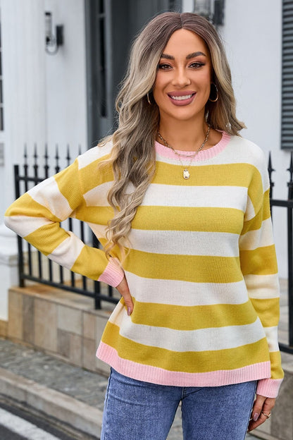 Angel Wings Striped Round Neck Dropped Shoulder Sweater