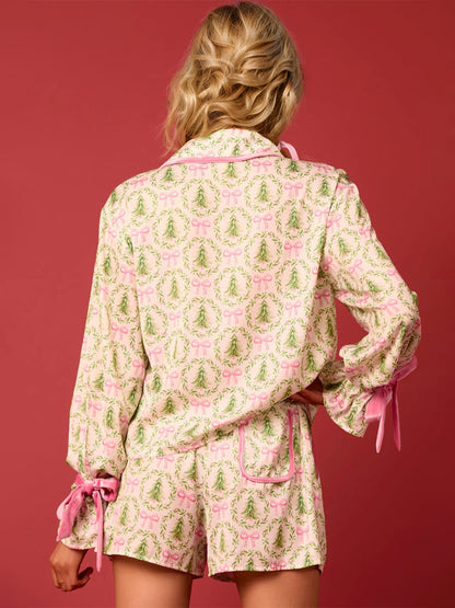 Tied Printed Collared Neck Long Sleeve Top and Pajama Shorts Set