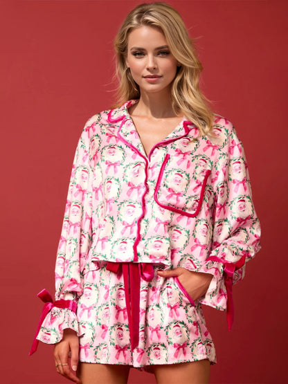 Tied Printed Collared Neck Long Sleeve Top and Pajama Shorts Set