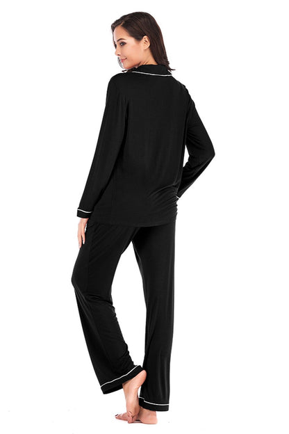 Collared Neck Long Sleeve Pajama Set with Pockets