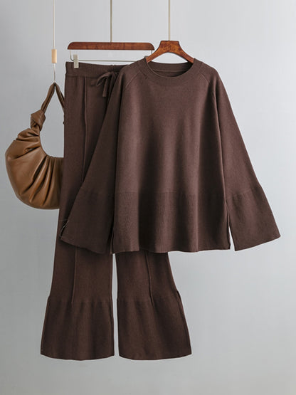 Basic Bae Slit Round Neck Long Sleeve Top and Drawstring Pants Sweater Set